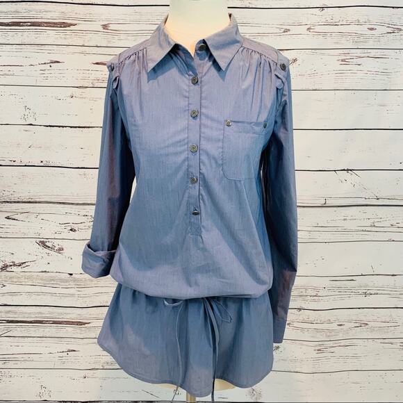 Nicole Miller blue button down drawstring blouse - Picture 1 of 8